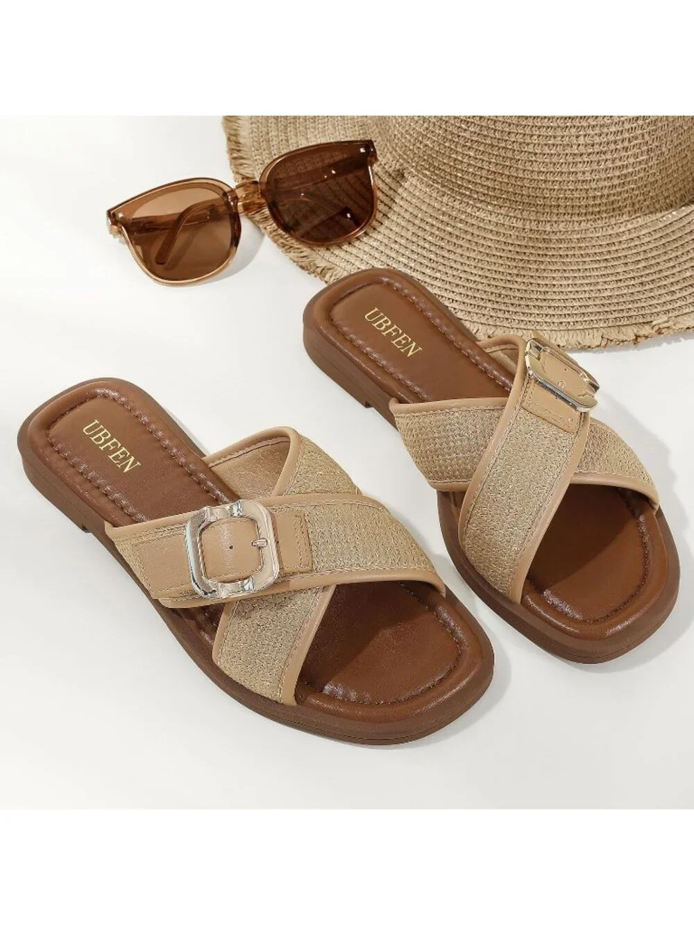 Women's Khaki 1 Square Toe Flat Sandals Slides Dressy Comfortable for Beach